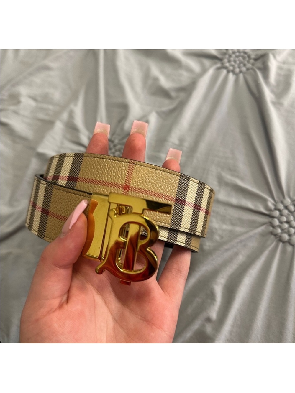Burberry Tan Check TB Logo Leather Belt with Gold Buckle